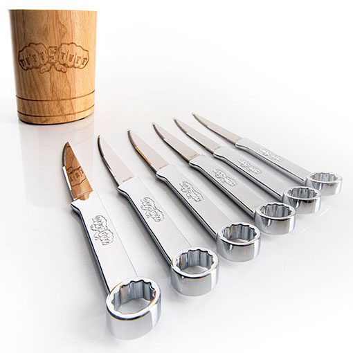 6-piece wrench handle steak knife set with piston-inspired storage block